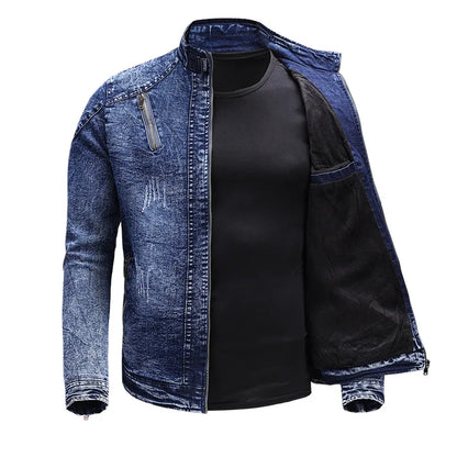 maoxiangshop New Motorcycle Denim Jacket Men Retro Zippers Stand Collar Denim Coats Mens Cotton Slim Fit Denim Jacket Moto Biker Outerwear