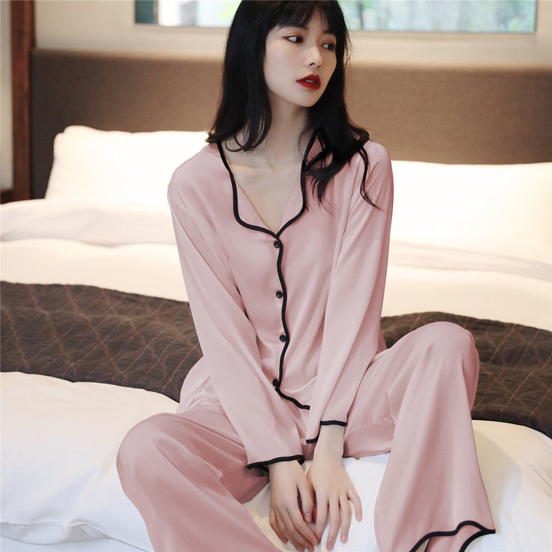 maoxiangshop Luxury Solid Color Women's Satin Pajama Set 2 Pcs With Pants Ladies V Collar Home Clothes Silk Pijama Suit For Female New