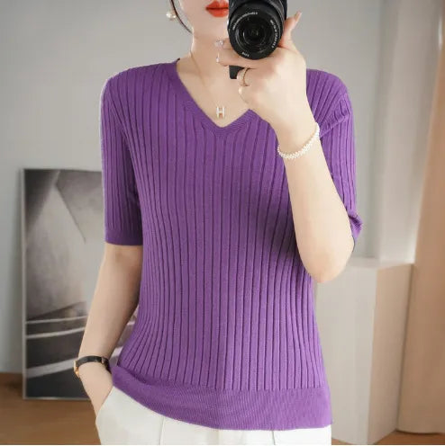 Women Sweater Short Sleeve V-neck Stripe Knitwears Slim Fit Shirt Korean Fashion Pullovers Thin Knit Tops 2023 Bottoming Shirts