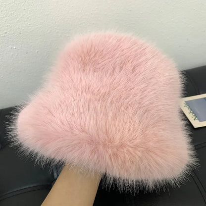 maoxiangshop y2k Fluffy Faux Fur Bucket Hat Women Rabbit Fur Warm Thick Plush Winter Hat Lady Luxury Fashion Furry Panama Fisherman Cap