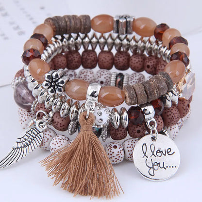 maoxiangshop Valentines Day Bohemian Multicolor Pink Crystal Beads Bracelets Women Girls Elastic Tassel Wing Letters Rope Bracelet Pulseira Feminina