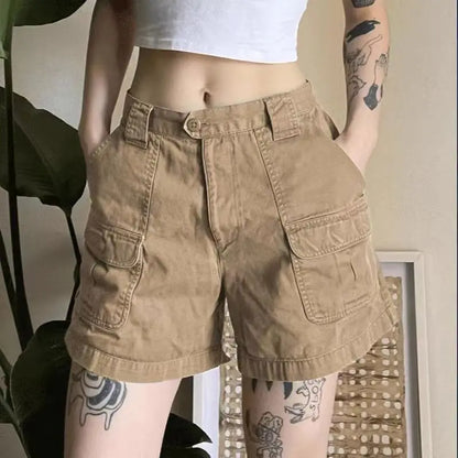 Y2k Vintage Streetwear Cargo Denim Shorts Women American Retro Harajuku Solid Loose Jeans Casual Pocket Summer Chic