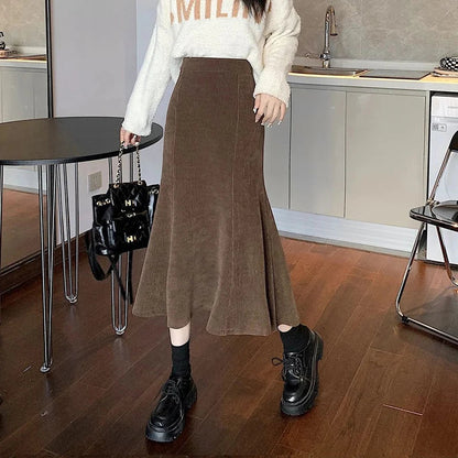 maoxiangshop Corduroy Long Mermaid Skirt Woman Autumn Winter Ruffles High Waist Midi Skirts Women Korean Back Elastic Black Skirts