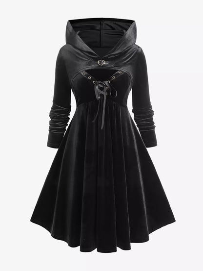 maoxiangshop Plus Size Lace-up Grommets Velvet Cami Dress And Hooded Cropped Top Women Winter Vestidos Black Dresses Robe Two Pieces