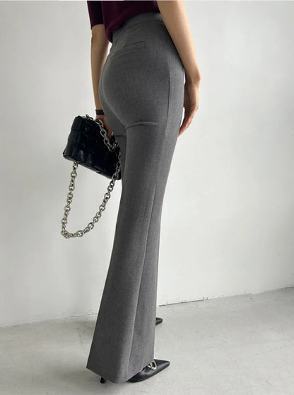 maoxiangshop  -  Elegant Women Grey Flare Suit Pants Loose 2024 Autumn Office Ladies Korean High Waist Pockets Casual  Trousers