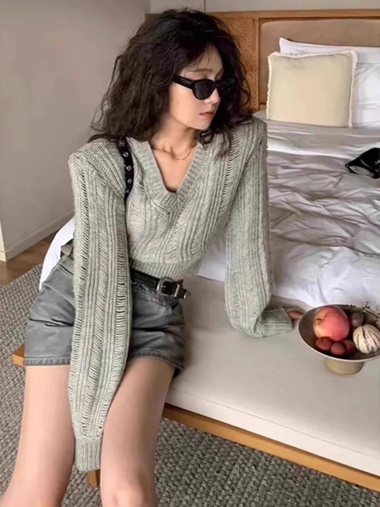 maoxiangshop  -  Unique Design Hollow V-Neck Sweater Women's Autumn And Winter Solid Color Versatile Slimming Knit Sweater