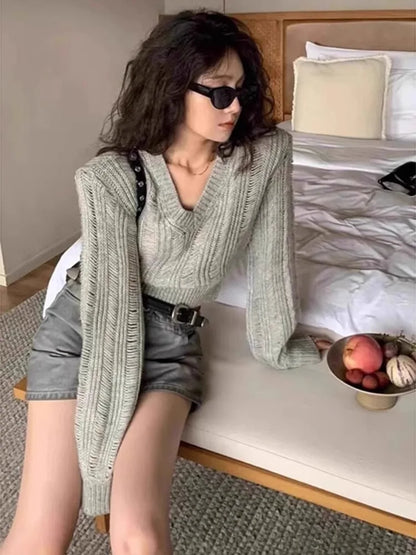 maoxiangshop  -  Unique Design Hollow V-Neck Sweater Women's Autumn And Winter Solid Color Versatile Slimming Knit Sweater