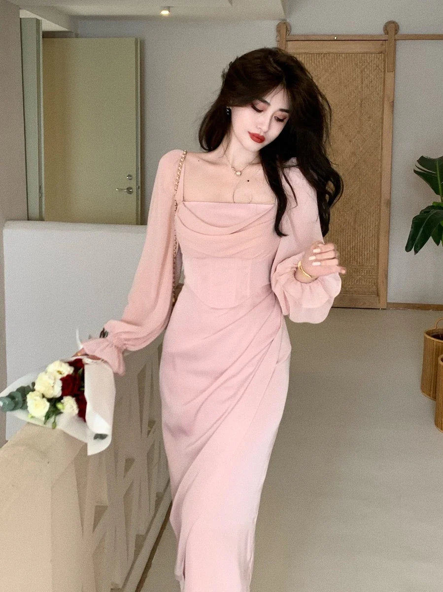 maoxiangshop Vintage Wedding Party Midi Dresses for Women Spring New Square Collar Long Sleeves Elegant Fashion Evening Prom Female Clothing