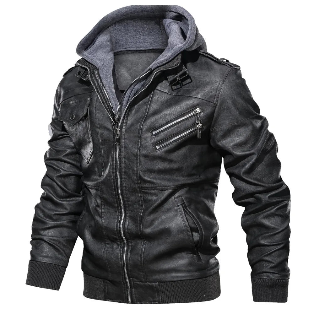 maoxiangshop Autumn Winter Men's Leather Jackets Hooded Casual Motorcycle PU Jackets Biker Leather Outerwear Brand Clothing