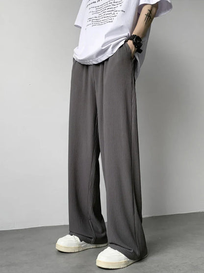 maoxiangshop Summer Texture Straight Pants For Men Korean Fashion Baggy Wide-leg Trousers Casual Drape Pleated Striped Y2K Pantalones Hombre
