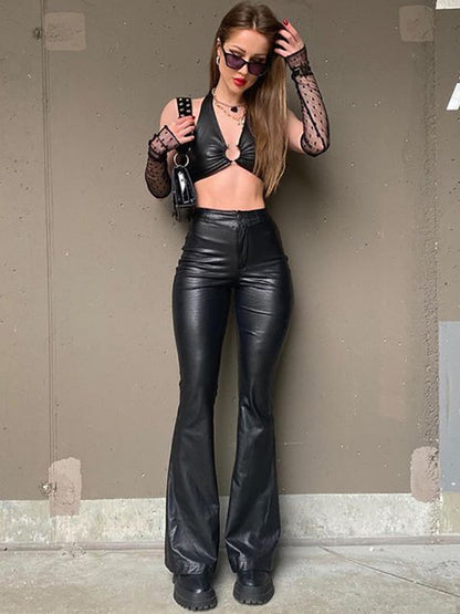 maoxiangshopOutfits For Women PU Leather High Waist Flare Pants Club Party Elastic Trousers Pant Gothic Chic Clothes Legging Fashion