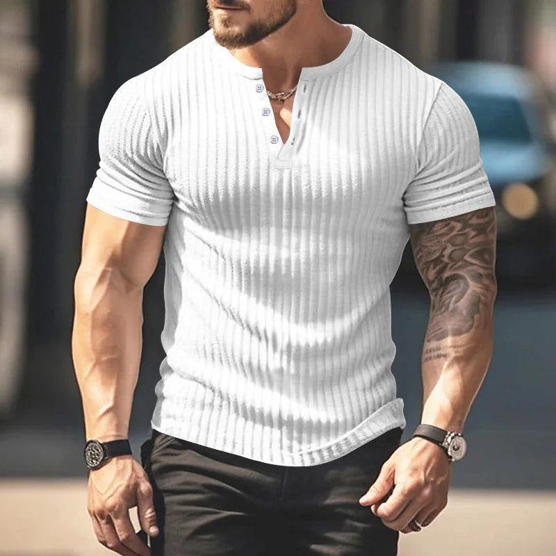 maoxiangshop Summer Slim Henry shirt short sleeve T-shirt Small T-shirt casual top sports fitness men's round neck T-shirt Ropa Hombre