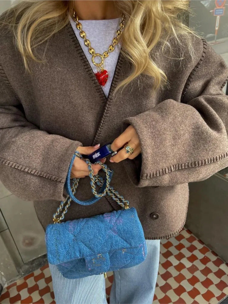 maoxiangshop -  Brown Cropped Woolen Cardigan Jackets Women V Neck Long Seeve Warm Button Coat Autumn Winter Lady Commuter Outwears