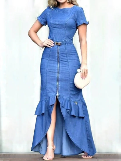 maoxiangshop Women Fashion Plain Boat Neck Short Sleeve Tulip Hem Maxi Denim Bodycon Dress Denim Dress Casual Long Dresses Streetwear