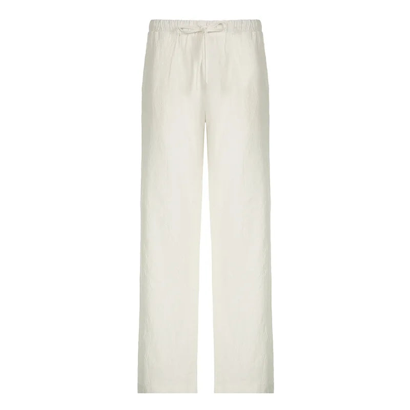 Casual Basic White Pants Women Baggy Low Waist Straight Trousers Solid Color Thin Wide Leg Pantalones Ladies Summer