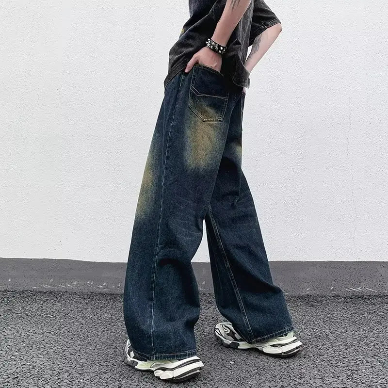 maoxiangshop Men's Jeans Korean Version Student Handsome Casual Pants High Street Straight Loose Wide Leg Jeans Vintage Blue Baggy Jeans