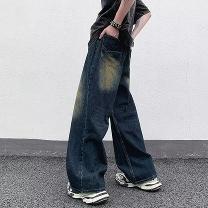 maoxiangshop Men's Jeans Korean Version Student Handsome Casual Pants High Street Straight Loose Wide Leg Jeans Vintage Blue Baggy Jeans