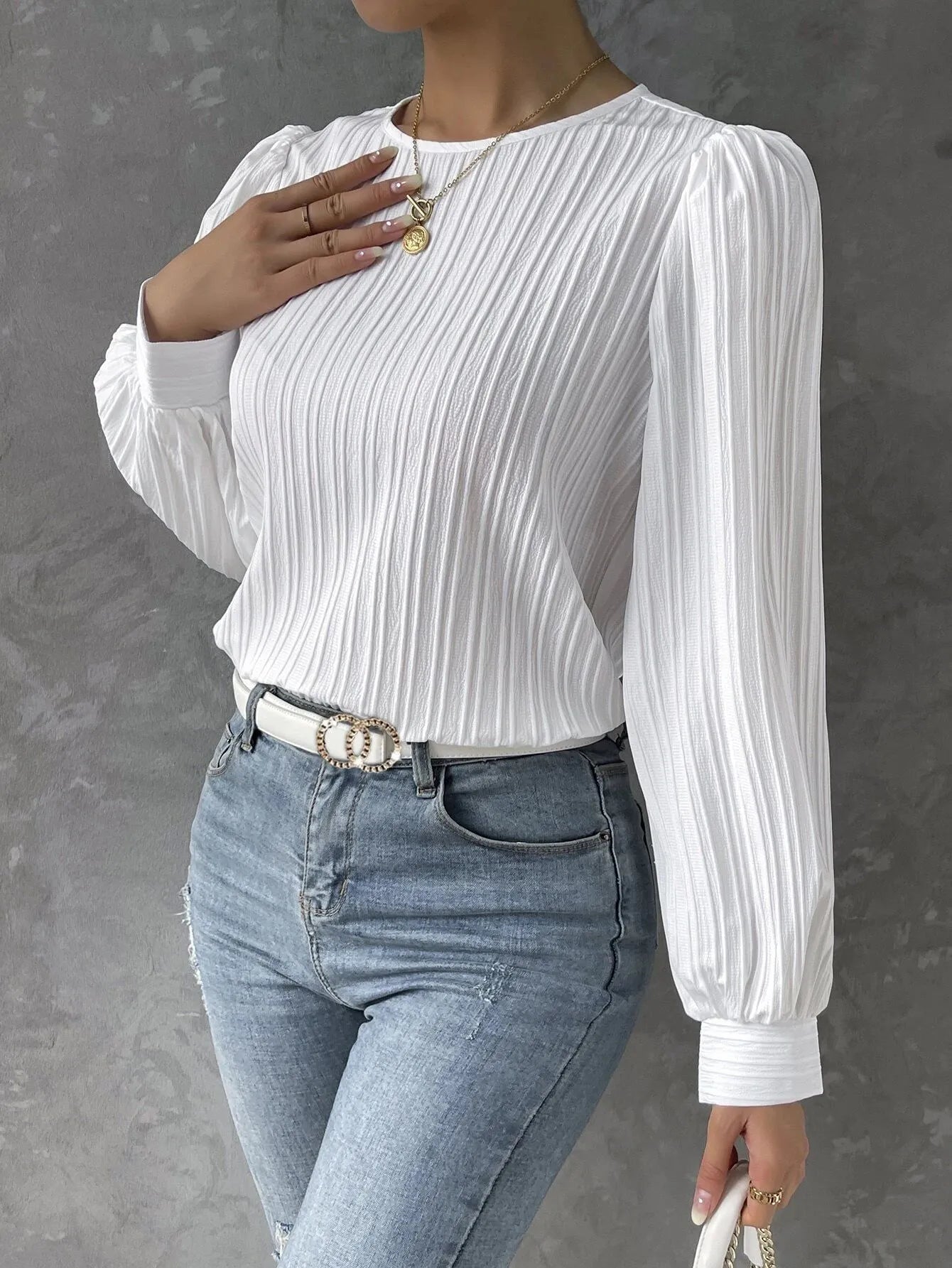 maoxiangshop Fall New Casual Solid Round Neck Long Sleeve Shirts White Women's Blouses