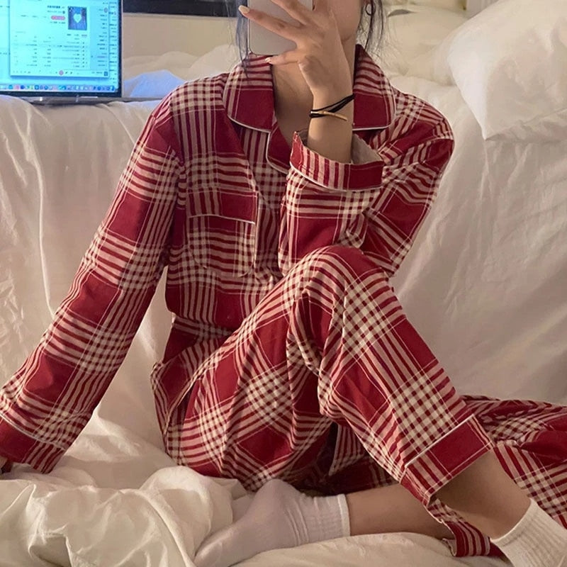 Plaid Christmas Pajamas Women Korean Sleepwear Autumn Pijamas Cute Clothes Pyjamas 2 Piece Pants Sets Loungewear Pj Suit