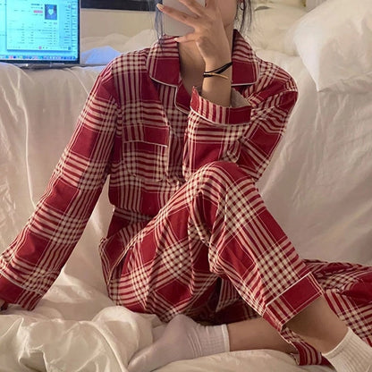 Plaid Christmas Pajamas Women Korean Sleepwear Autumn Pijamas Cute Clothes Pyjamas 2 Piece Pants Sets Loungewear Pj Suit