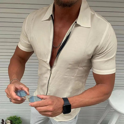 maoxiangshop Men's Light Business Office Casual Zipper Short Sleeve Shirt Slim Fit Solid Color Lapel Cardigan Fashion Tops