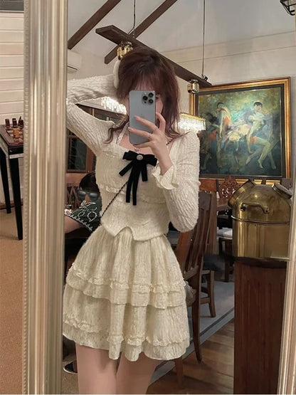 maoxiangshop-Korean Style Y2k Mini Two Pieces Dress Women Fairycore Long Sleeve Outfit Set Sweet Cute Corset Princess Dresses Autumn