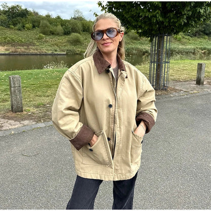 maoxiangshop  -  Contrast Lapel Women's Jackets Casual Long Sleeve Zipper Pocket Female Coats 2024 Autumn Winter Fashion Lady Streetwear Outwears