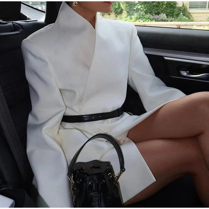 maoxiangshop  -  White Stand Collar Double Pocket Jacket Women Fashion Long Sleeve Cuff Button Blazer Coat 2024 Autumn Elegant Office LadyOutwear