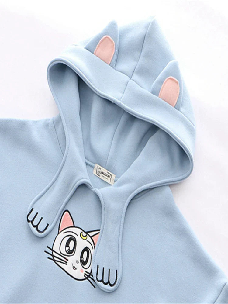 maoxiangshop Women's Hoodies Sweatshirt With Ears On Hood Cat Embroidery Cute Harajuku Fleece Hoodie Hooded Clothes Pullovers