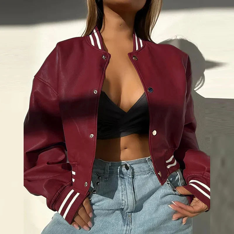 maoxiangshop  -  Y2K Motorcycle Girls PU Leather Outerwear 2024 Women Striped Baseball Single Breasted Jackets Fall Winter Long Sleeve Coats