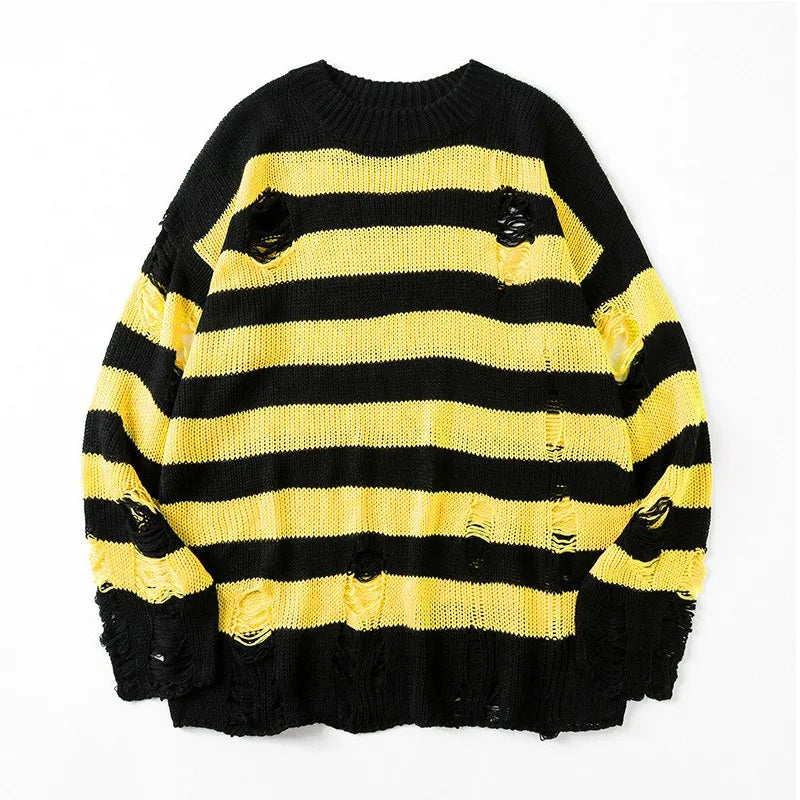 maoxiangshop Black Stripe Sweaters Destroyed Ripped Sweater Men Pullover Hole Knit Jumpers Men Oversized Sweatshirt Harajuku Long Sleeve Tops