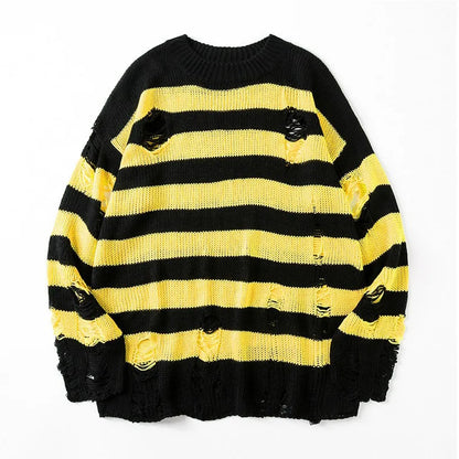 maoxiangshop Black Stripe Sweaters Destroyed Ripped Sweater Men Pullover Hole Knit Jumpers Men Oversized Sweatshirt Harajuku Long Sleeve Tops