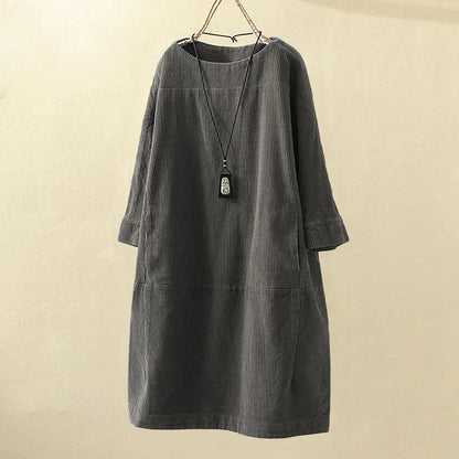 maoxiangshop Women Vintage Pockets Corduroy Solid Color Long Sleeve Loose Casual Dress vestido feminino party dresses Women's dress