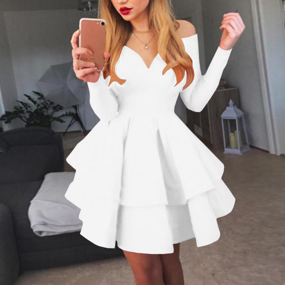 maoxiangshop Elegant Women Long Sleeve V Neck Off Shoulder Large Swing Ruffled Hem Mini Dress