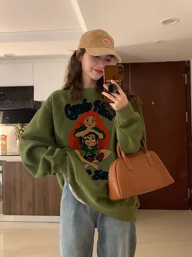 Women Green Sweatshirt Round Neck Letter Print Korean Fashion Vintage Leisure Baggy Winter NEW Long Sleeves Brown Pullover Tops