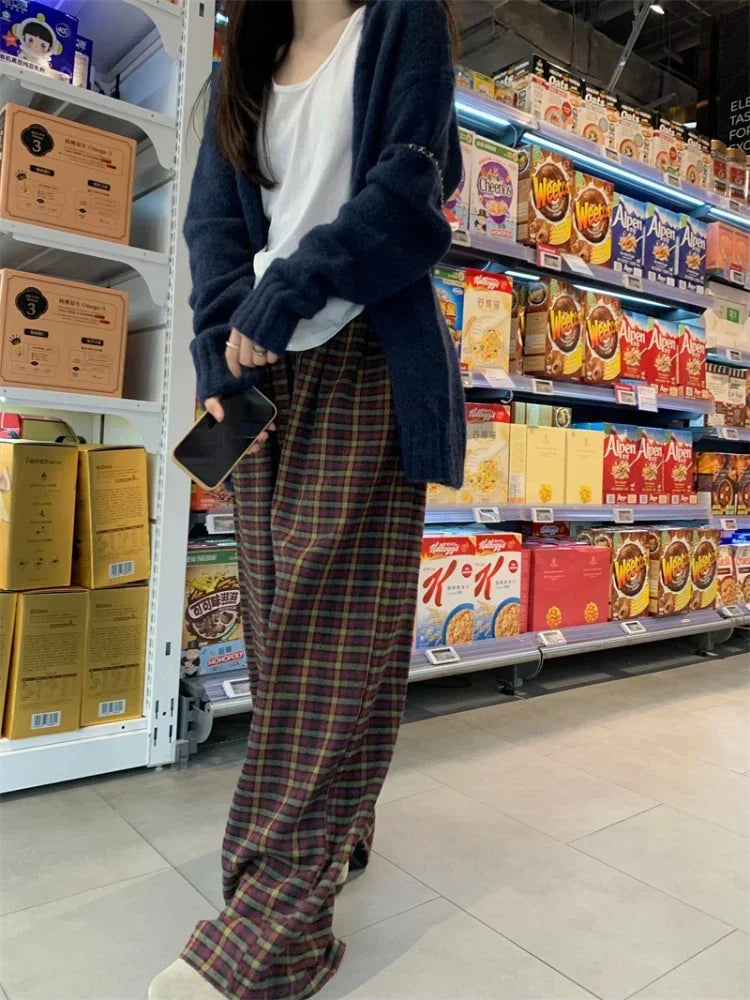 maoxiangshop  -  2024 Streetwear Sweet Plaid Pants Women Autumn Y2k Aesthetic Drawstring Casual Trousers High Waist Harajuku All Match Pantalones