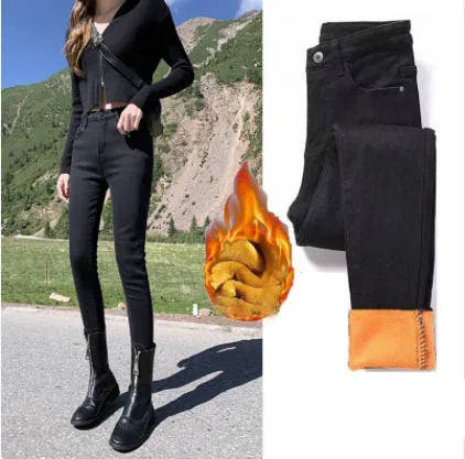 maoxiangshop Women's Warm Jeans Winter Warm Plushed Jeans Elastic Thickened Denim Pants Casual Trousers