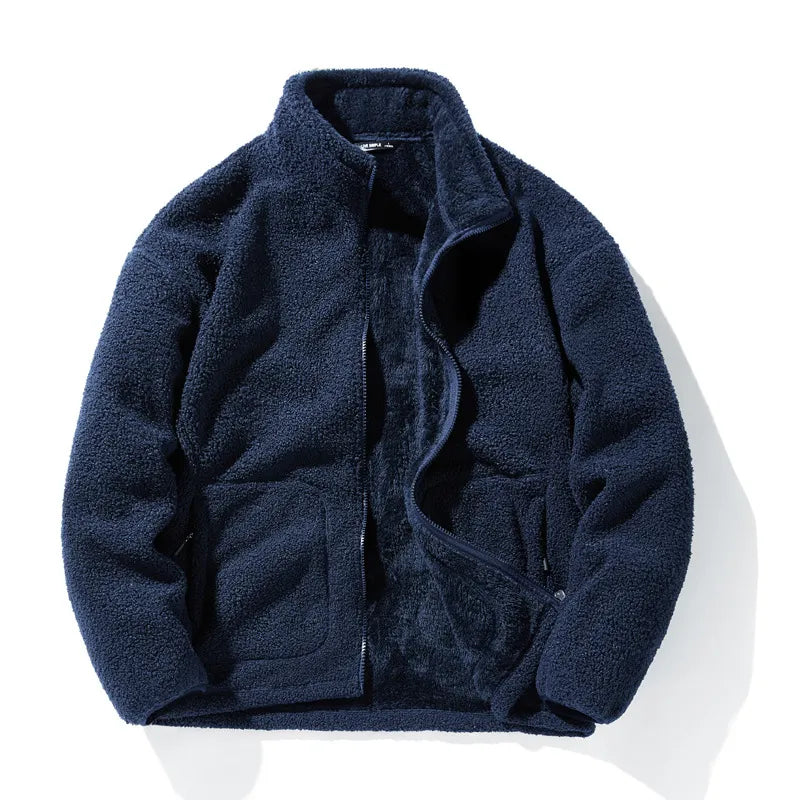 maoxiangshop Winter Fleece Jackets Men Solid Color Loose Casual Warm Coat Mens Stand Collar Outerwear Jacket Harajuku Streetwear Plus Size