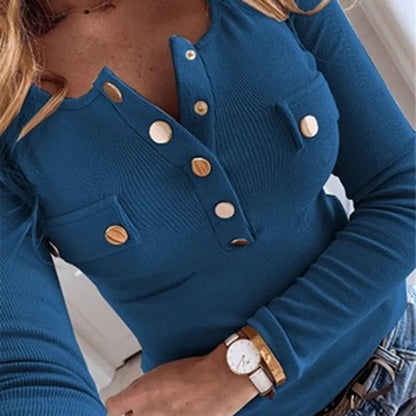 maoxiangshop Women Autumn Knitted Sweater O Neck Pullover Long Sleeve T shirt Loose Leisure Elegant Buttons feminina Tee Female Tops