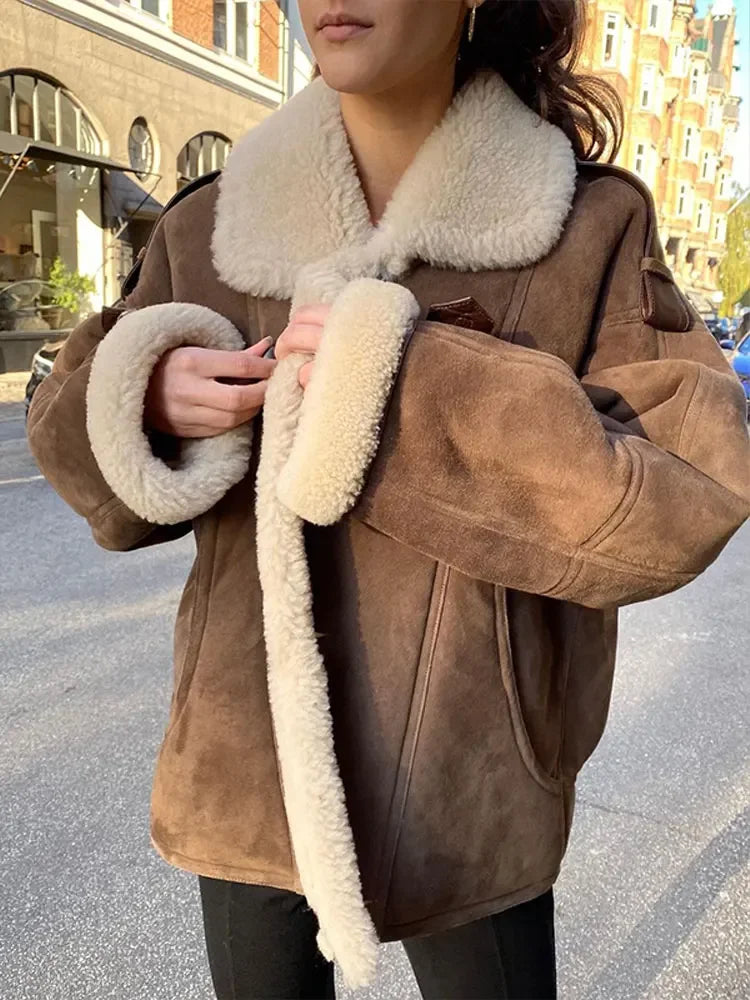 maoxiangshop  -  Winter Thick Faux Leather Spliced Jacket Women Casual Loose Long Sleeve Single Breasted Lapel Coat Winter Warm Street Streetwear