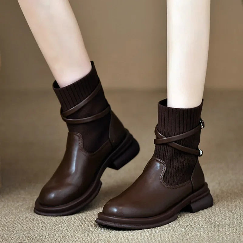maoxiangshop  -  Knitted Elastic Socks Boots Women 2024 Winter Warm Chunky Heel Platform Ankle Boots Leather Pu Belt Buckle Design Botas Mujer
