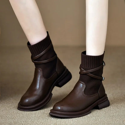 maoxiangshop  -  Knitted Elastic Socks Boots Women 2024 Winter Warm Chunky Heel Platform Ankle Boots Leather Pu Belt Buckle Design Botas Mujer