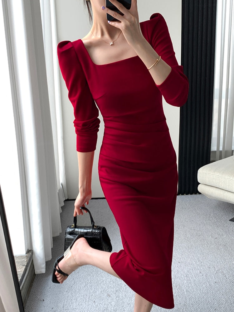 maoxiangshop Square Collar Solid Wedding Maxi Dresses for Women Office Lady Bodycon Midi Dress Elegant Korea Fashion Clothes Autumn Robe