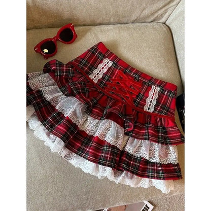 maoxiangshop  -  Kawaii Ruffle Lace Plaid Skirts Women Sweet Elegant Mini Skirt Cutecore Autumn Winter Patchwork A-line Short Skirts