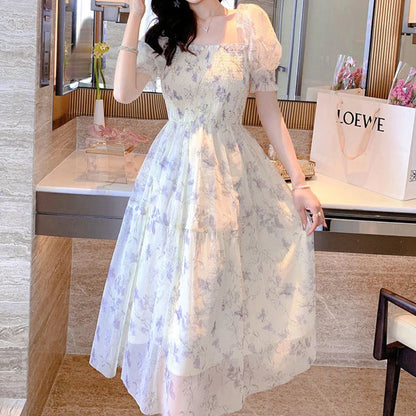 maoxiangshop Summer White Chiffon Long Dress Casual Floral Party Dress Elegant Short Sleeve Fairy Dresses for Women Sweet Clothing