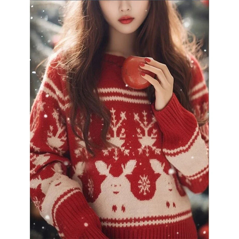 maoxiangshop  -  Women Autumn Winter Fashion Loose Red O-neck Long Sleeve Christmas Knitwear Women Clothes Trend All-match Sweet Knitting Tops