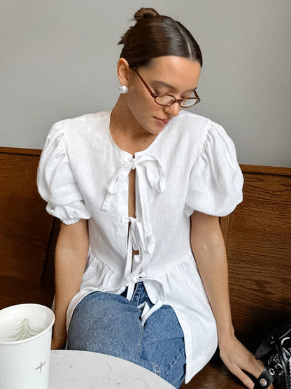 maoxiangshop  -  Autumn New White Puff Sleeve Blouse Women 2024 O Neck Short Sleeve Lace-up Shirts Tops French Elegant Casual Fashion Blouses