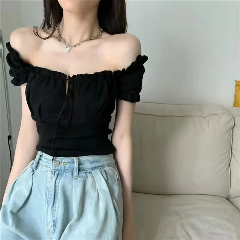 maoxiangshop 2024 New Summer Fashion Y2K T-shirt Woman Sleeveless Shoulder Off Sexy Clothes Crop Top Women Pleated Bandage Tee Shirt Femme