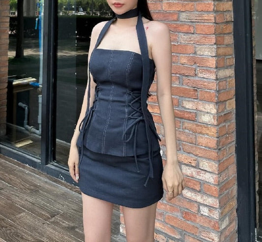 maoxiangshop Women Formal Occasions Two Piece Set Sexy Side Cross Bandage Solid Tube Tank Top With Skinny Slim Skirt Summer New