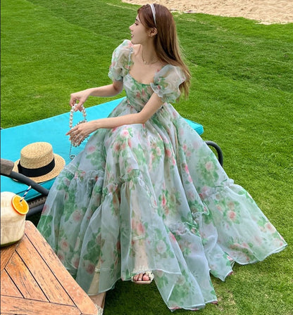 maoxiangshop Vintage Floral Evening Midi Maxi Dresses for Women Elegant Casual Party Prom Green Holiday Princess Fairy Long Dress Summer